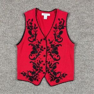 VTG Red V-Neck Sweater Vest Women M Embroidered Floral Roses Grunge Cottage-Core